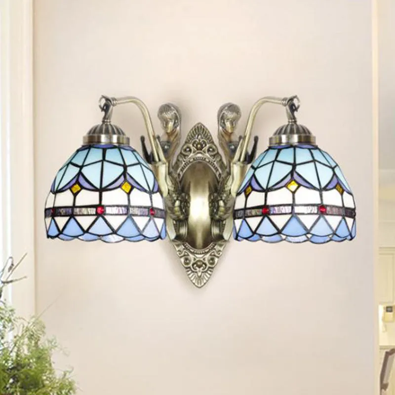 Mermaid Metal Wall Light Baroque 2-Head White/Blue Sconce Domed Stained Art Glazen Shade Blue
