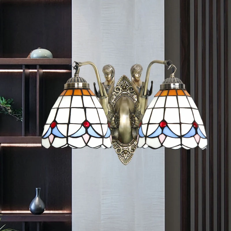 Mermaid Metal Wall Light Baroque 2-Head White/Blue Sconce Domed Stained Art Glaswerk Shade Blue