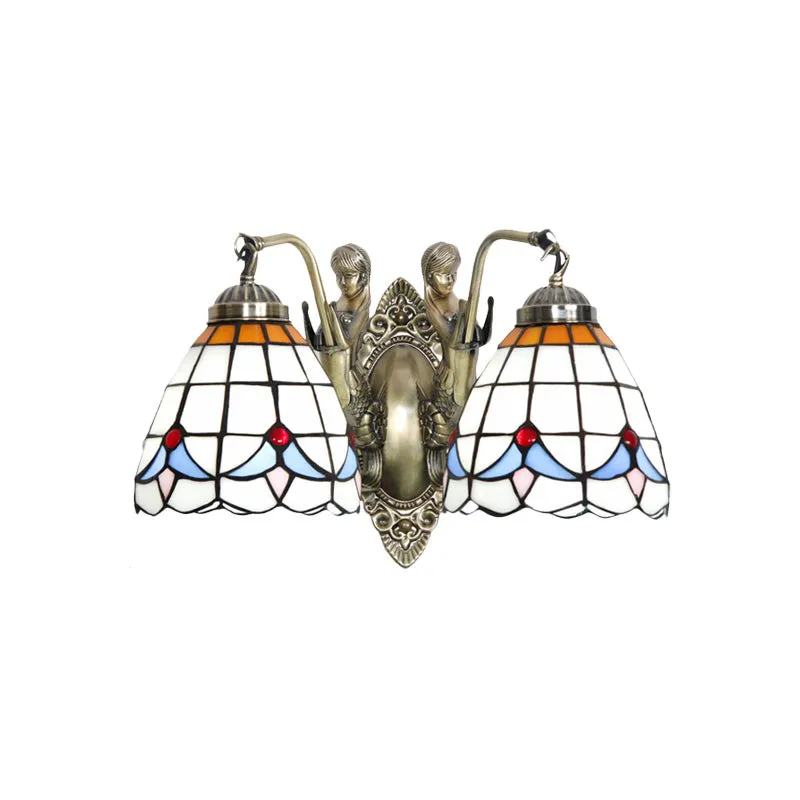 Mermaid Metal Wall Light Baroque 2-Head White/Blue Sconce Domed Stained Art Glaswerk Shade Blue