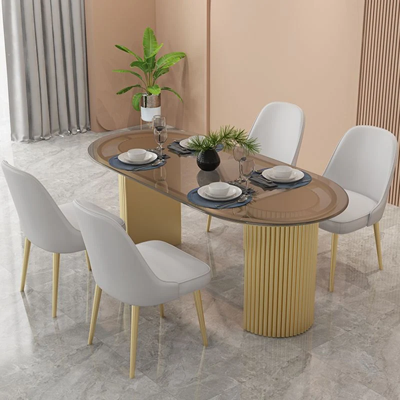 Metal Base Contemporary Oval Dining Table Duo Pedestal Table Dining Room Brown