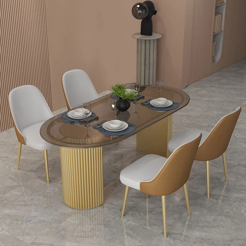 Metal Base Contemporary Oval Dining Table Duo Pedestal Table Dining Room Brown