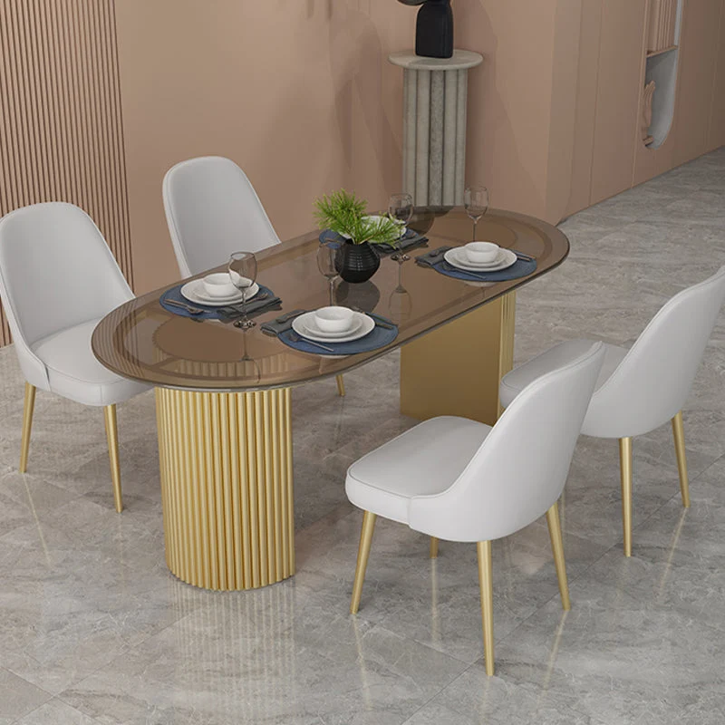 Metal Base Contemporary Oval Dining Table Duo Pedestal Table Dining Room Brown