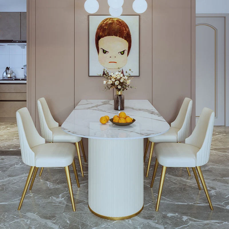 Metal Contemporary Free Form Dining Table Sintered Stone Table Duo Pedestal 55
