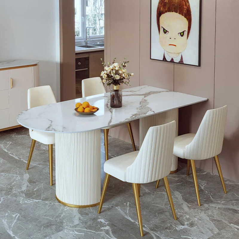 Metal Contemporary Free Form Dining Table Sintered Stone Table Tweevoudig Pedestal 55