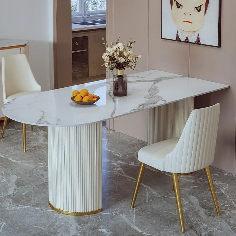 Metal Contemporary Free Form Dining Table Sintered Stone Table Tweevoudig Pedestal 55