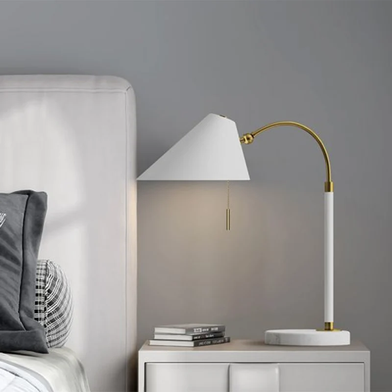 Minimal 1 Bulb Night Table Light Black/White Conic Pull Chain Nightstand Lamp Metalen Shade Black