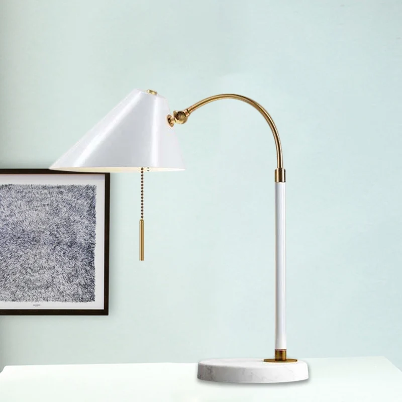 Minimal 1 Bulb Night Table Light Black/White Conic Pull Chain Nightstand Lamp Metalen Shade Black