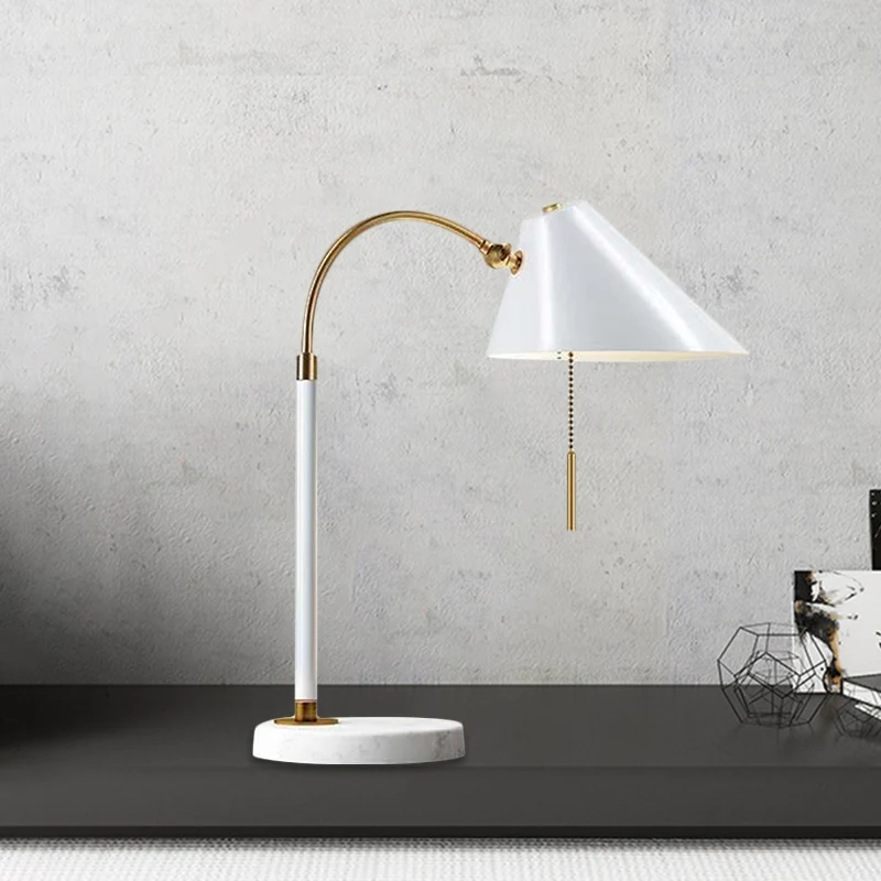 Minimal 1 Bulb Night Table Light Black/White Conic Pull Chain Nightstand Lamp Metalen Shade Black