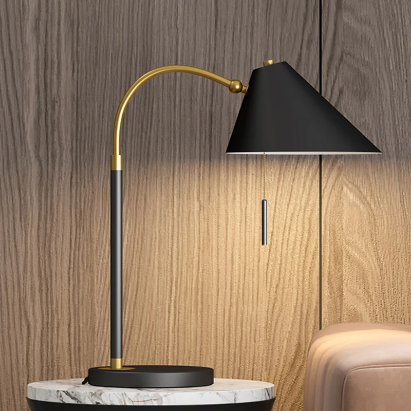 Minimal 1 Bulb Night Table Light Black/White Conic Pull Chain Nightstand Lamp Metalen Shade Black