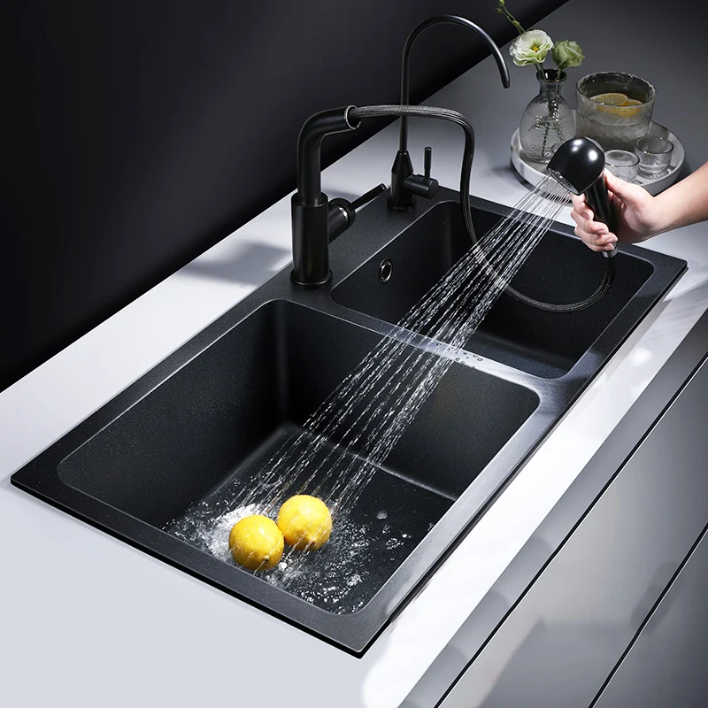 Modern Quartz Kitchen Double Basin Overflow Hole Sink Kitchen Sink Ebbenhout 28l