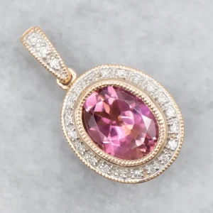 Modern Rose Gold Pink Tourmaline Diamond Tweevoudig Sided Halo Pendant