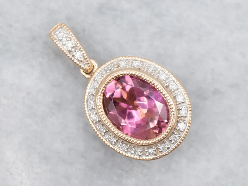 Modern Rose Gold Pink Tourmaline Diamond Tweevoudig Sided Halo Pendant