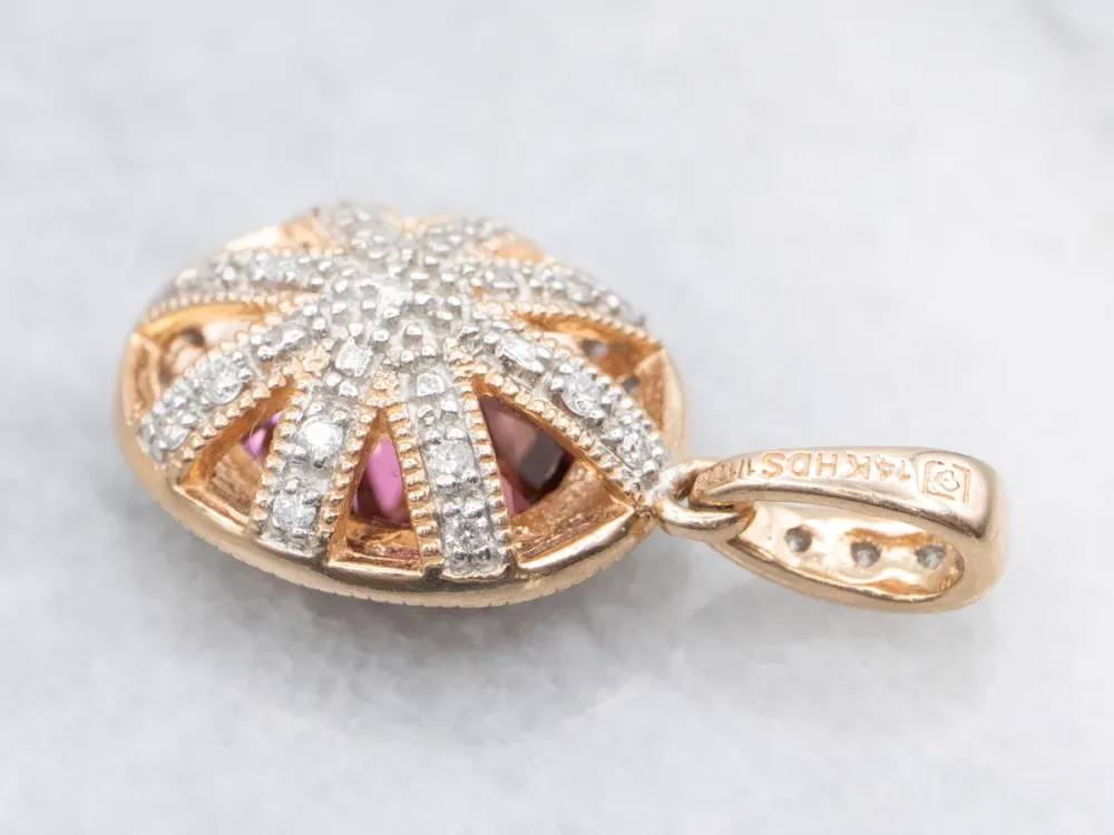 Modern Rose Gold Pink Tourmaline Diamond Tweevoudig Sided Halo Pendant