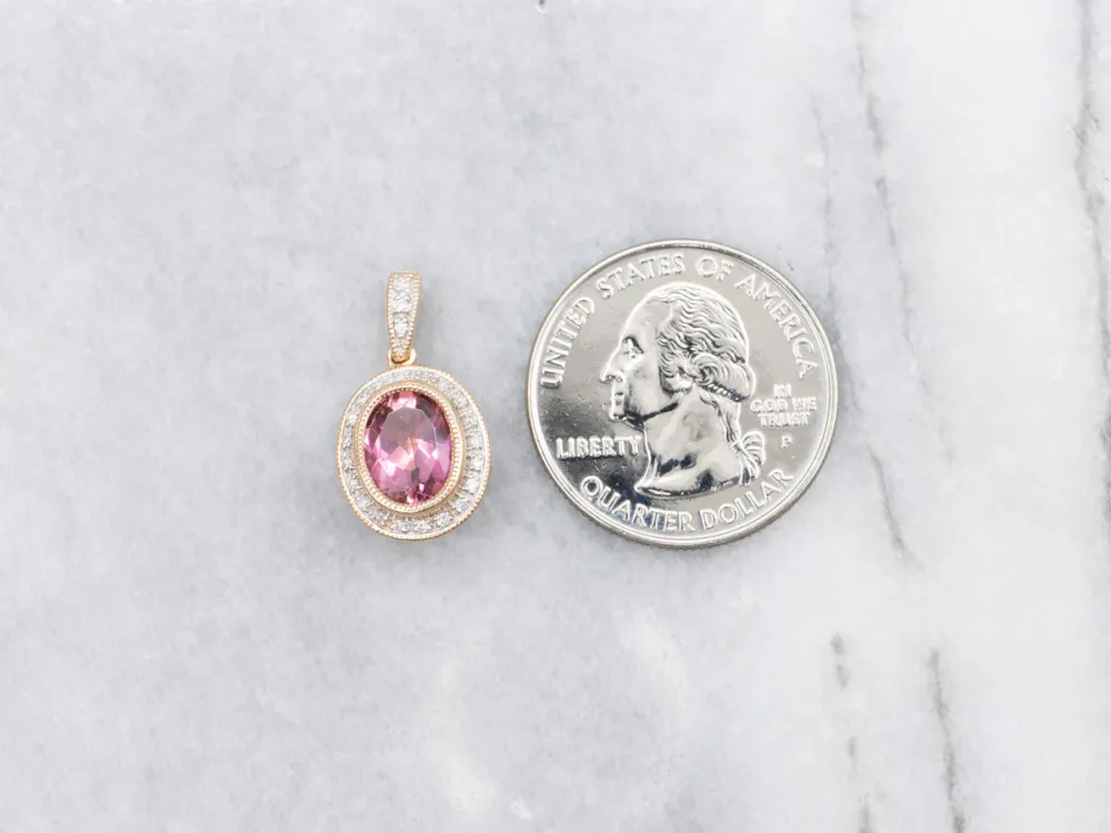 Modern Rose Gold Pink Tourmaline Diamond Tweevoudig Sided Halo Pendant