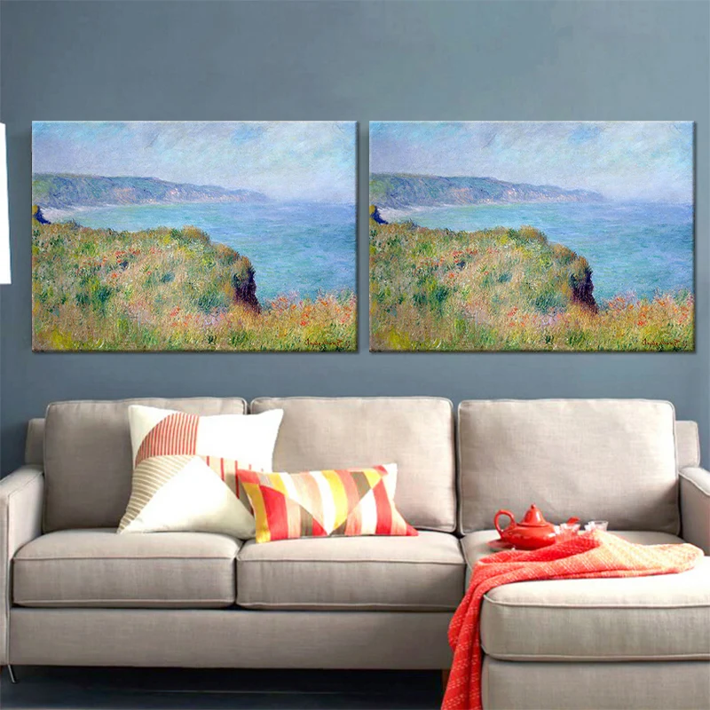 Modern Seashore Mountain Painting Set 2 Green Textured Stevig doek Wall Art Home Blue