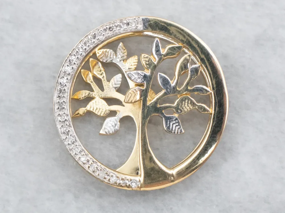 Modern Two Tone Goud Diamond Tree Slide Pendant