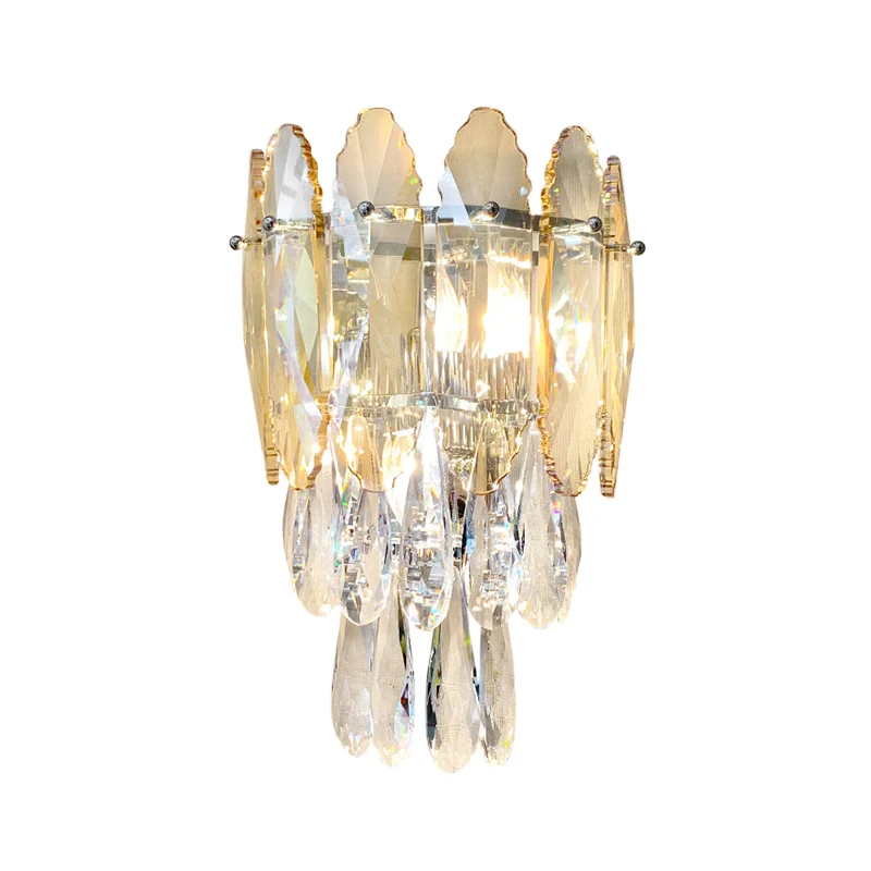 Moderne gelaagde wandverlichting, 2 lampen, glanzend en champagne/rookgrijs kristallen wandkandelaar