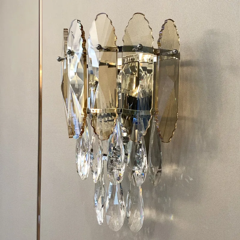 Moderne gelaagde wandverlichting, 2 lampen, glanzend en champagne/rookgrijs kristallen wandkandelaar