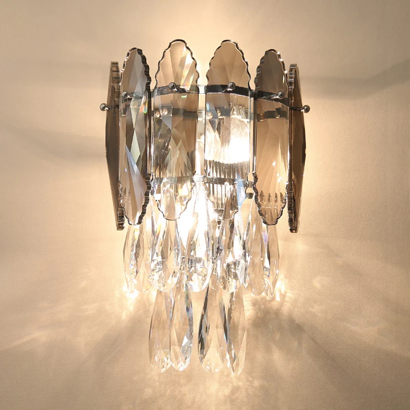 Moderne gelaagde wandverlichting, 2 lampen, schitterend en champagne/rookgrijs kristallen wandkandelaar