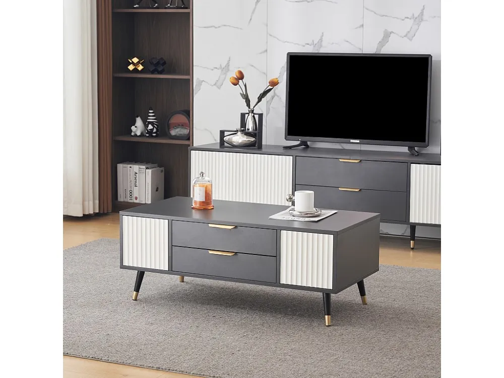 Moderne salontafel met 2 laden en 2 deuren - 100x50x40 cm - Spaanplaat - Grijs en wit