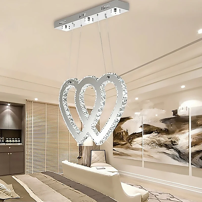 Modernist Double Heart Chandelier Lighting Crystal LED Hanging Light Fixture Staalgrijs Dining Table Silver