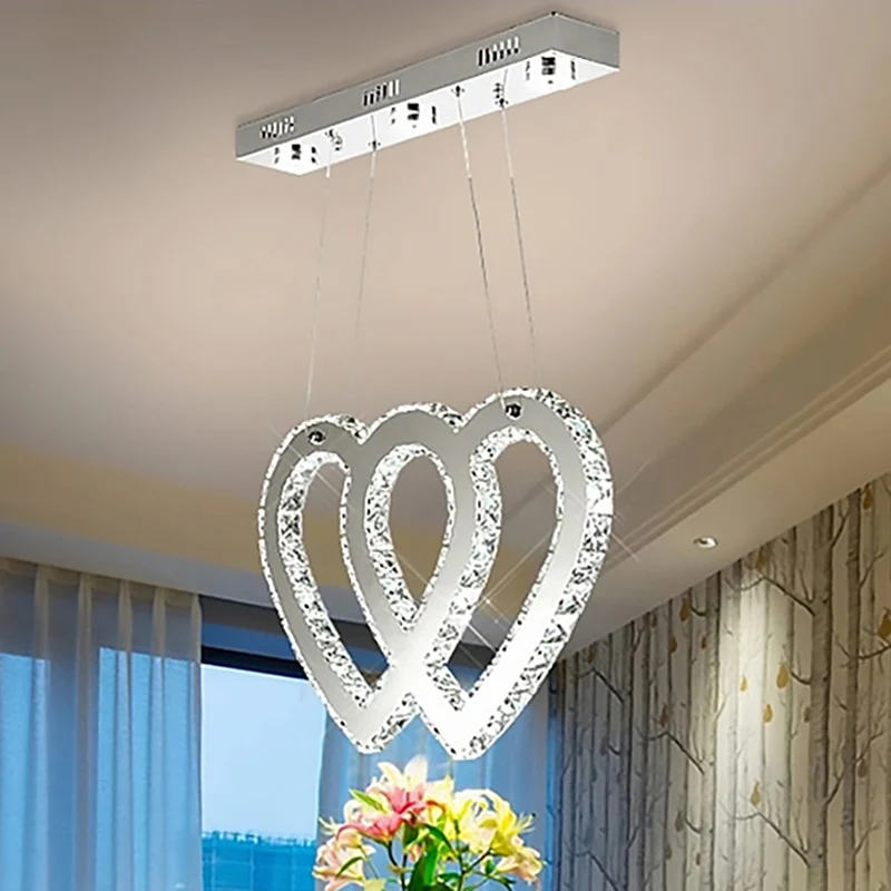 Modernist Double Heart Chandelier Lighting Crystal LED Hanging Light Fixture Staalgrijs Dining Table Silver