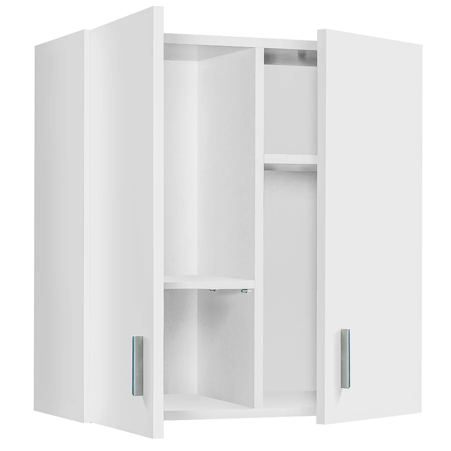 Multipurpose wall cabinet. Hanging cabinet 2 doors and 2 pull-out shelves. Melamine material, parelmoer color.