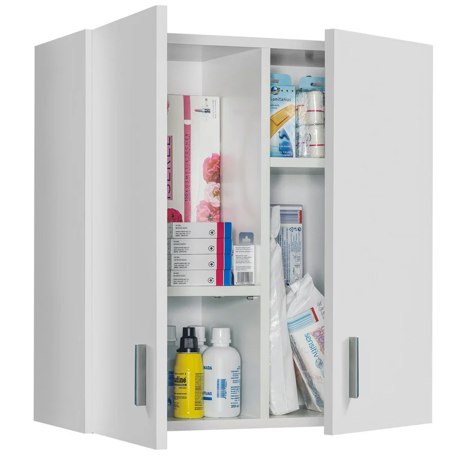 Multipurpose wall cabinet. Hanging cabinet 2 doors and 2 pull-out shelves. Melamine material, melkwit color.