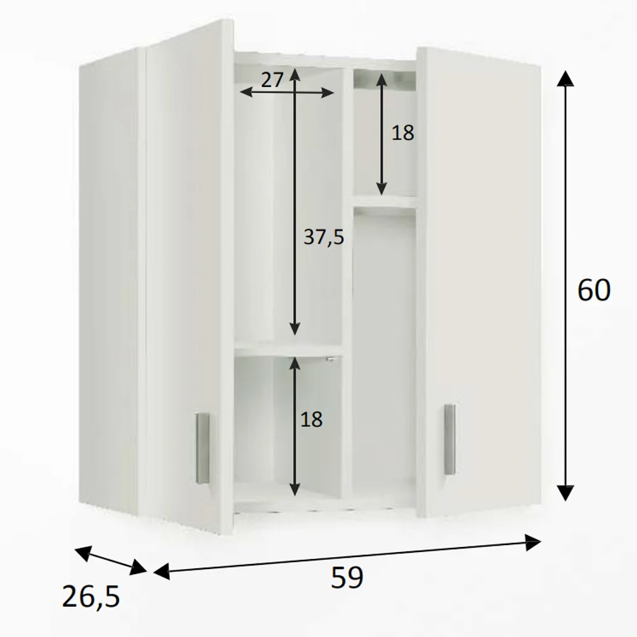Multipurpose wall cabinet. Hanging cabinet 2 doors and 2 pull-out shelves. Melamine material, melkwit color.