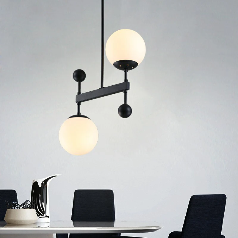 Opaline Glass Spherical Pendant Light Clean 2-Head Chandelier Light Dining Room Black