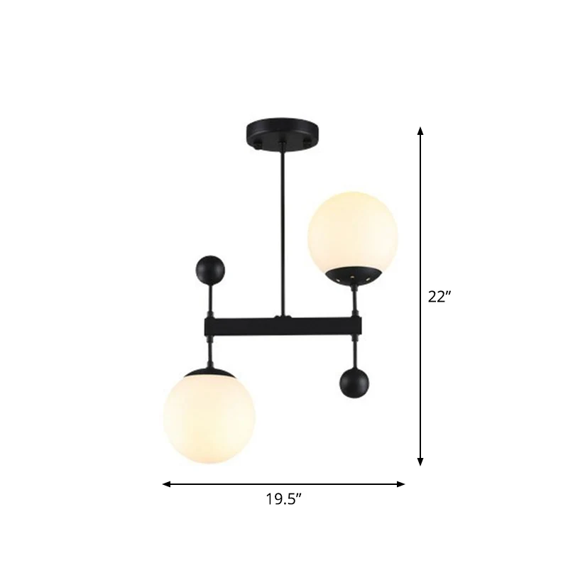 Opaline Glass Spherical Pendant Light Clean 2-Head Chandelier Light Dining Room Black