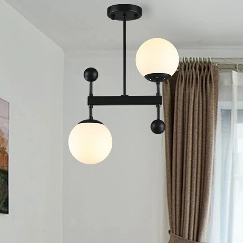 Opaline Glass Spherical Pendant Light Eenvoudig 2-Head Chandelier Light Dining Room Black