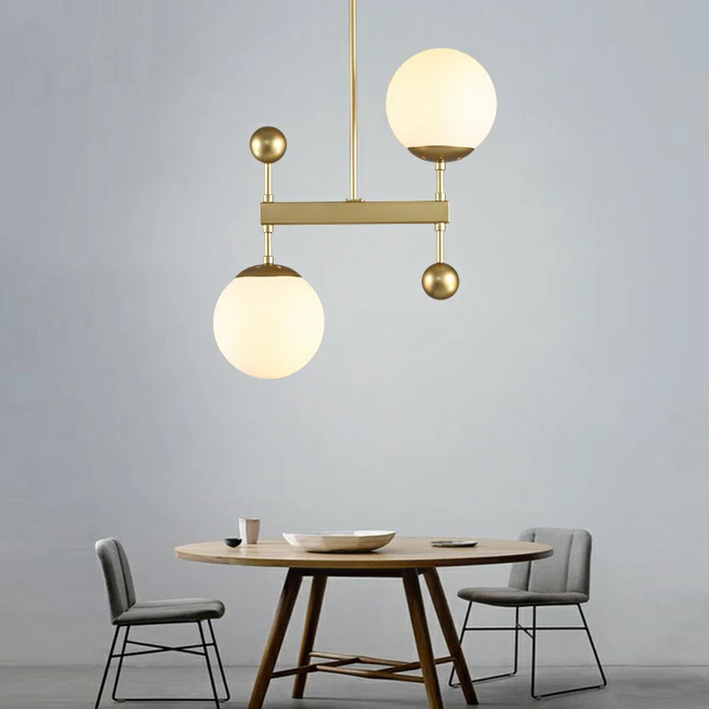 Opaline Glass Spherical Pendant Light Eenvoudig 2-Head Chandelier Light Dining Room Black