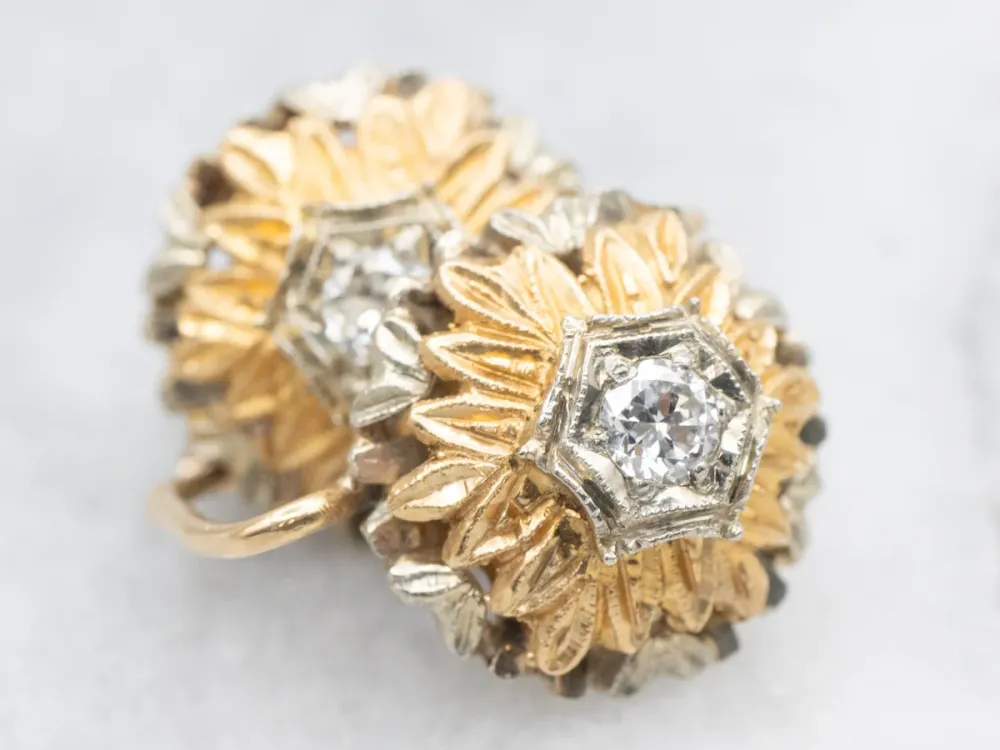 Ornate Van vroeger Two Tone Diamond Flower Drop Earrings