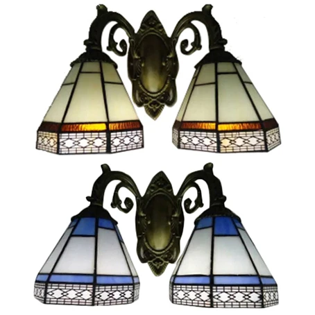 Piramidewandlamp van gebrandschilderd glas, 2 lampen, Tiffany traditionele wandkandelaar amber/blauw voor slaapkamer