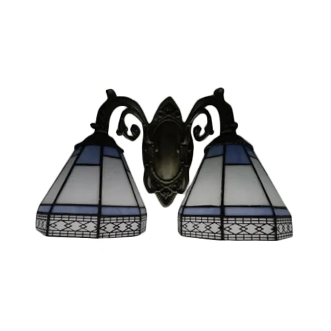 Piramidewandlamp van gebrandschilderd glas, 2 lampen, Tiffany traditionele wandkandelaar amber/blauw voor slaapkamer