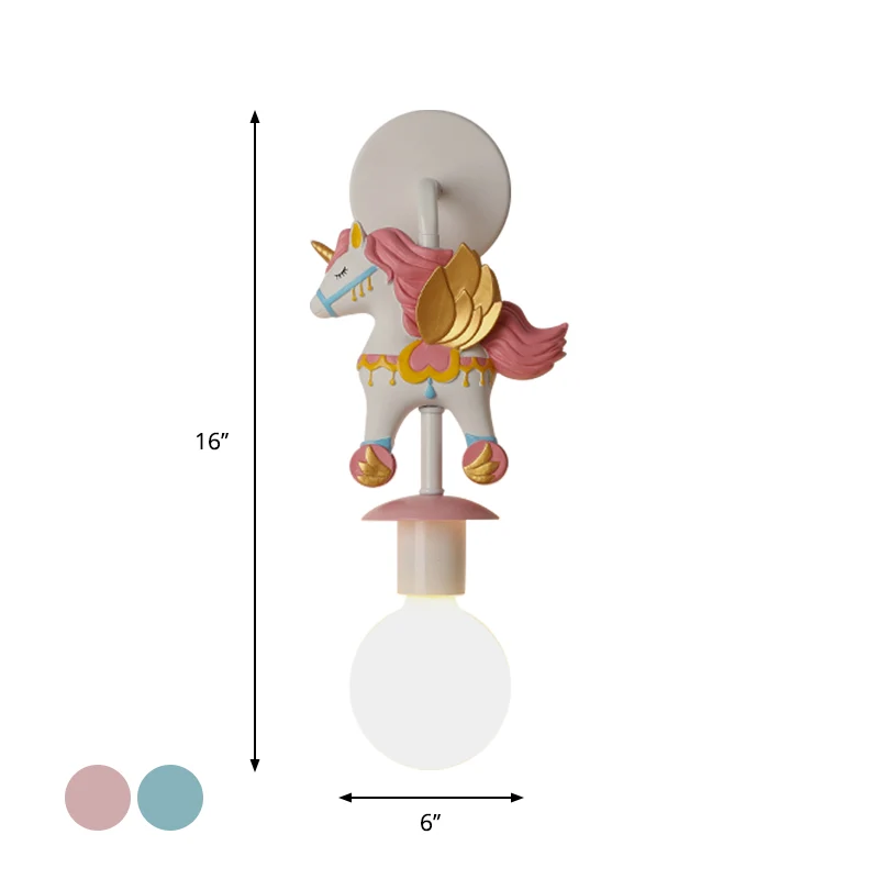 Rainbow Unicorn Wall Lighting Kids Resin 1 Bulb Pink/Blue Wall Light Fixture Globe Glaswerk Shade Pink
