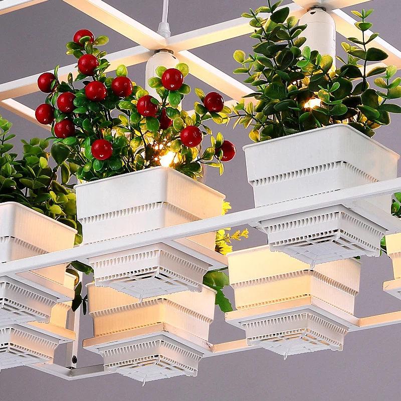 Rechthoekige restauranteilandlamp Decoratieve metalen 2-koppige hangende hanger met kunstmatige bonsai