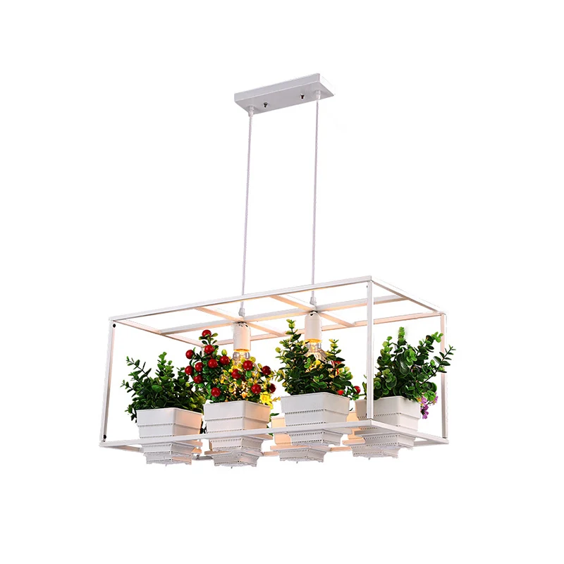 Rechthoekige restauranteilandlamp Decoratieve metalen 2-koppige hangende hanger met kunstmatige bonsai