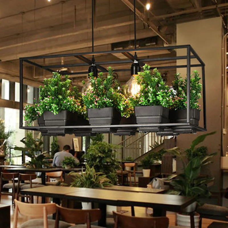 Rechthoekige restauranteilandlamp Decoratieve metalen 2-koppige hangende hanger met kunstmatige bonsai