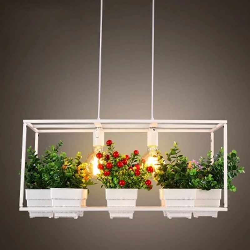 Rechthoekige restauranteilandlamp Decoratieve metalen 2-koppige hangende hanger met kunstmatige bonsai