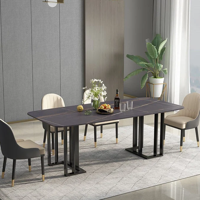 Rectangle Double Pedestal Chique Table Sintered Stone Fixed Table Kitchen Black