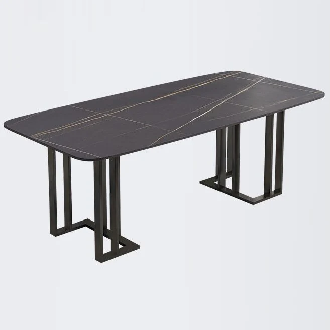 Rectangle Double Pedestal Chique Table Sintered Stone Fixed Table Kitchen Black