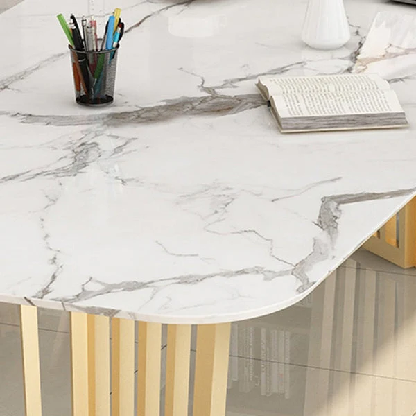 Rectangle Sintered Stone Sneeuwwit Dining Table Glam Double Pedestal Table Dining Room 47