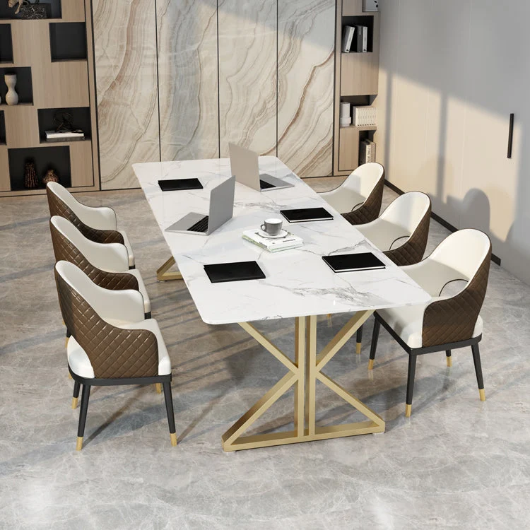 Rectangle Tweeling Pedestal Glam Dining Table White Tone Fixed Table Sintered Stone 47