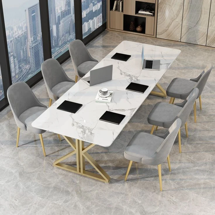 Rectangle Tweeling Pedestal Glam Dining Table White Tone Fixed Table Sintered Stone 47