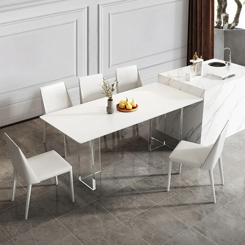 Rectangular Stone White-gray Dining Table Modern Furniture Acrylic Duo Pedestal 51