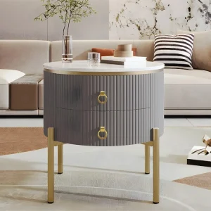 Ronde salontafel - 2 lades - gouden poten en handgrepen - Grijs