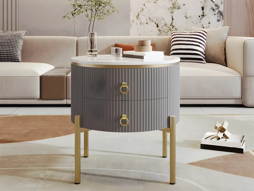 Ronde salontafel - 2 lades - gouden poten en handgrepen - Grijs