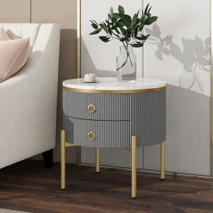 Ronde salontafel met 2 lades - 50x50x51cm - MDF hout - gouden poten en handgrepen - grijs + wit